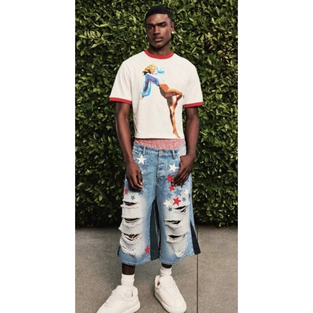 BooMan Longline Star Applique Gusset Denim Jorts In Light Blue